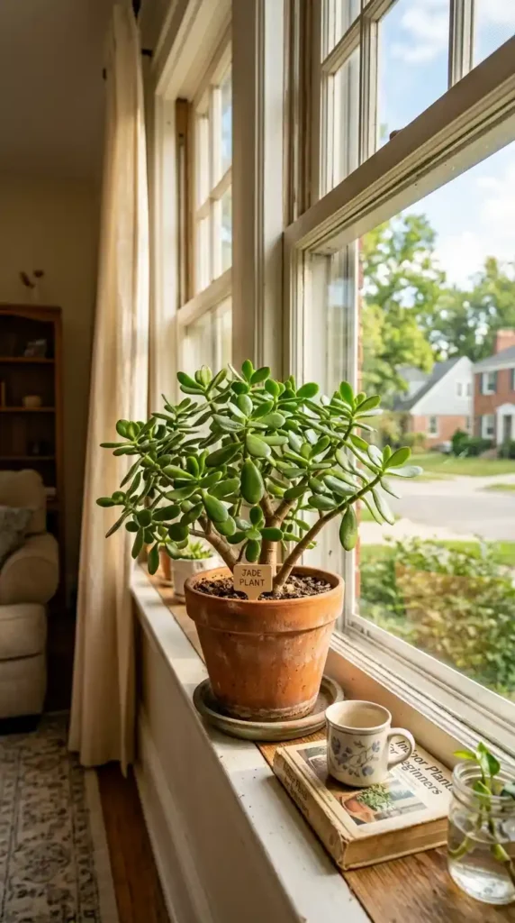 Jade plant on windowsill