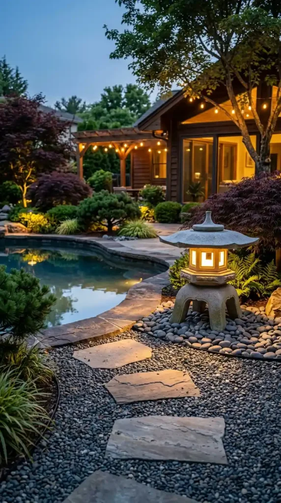 Japanese stone lantern near pool