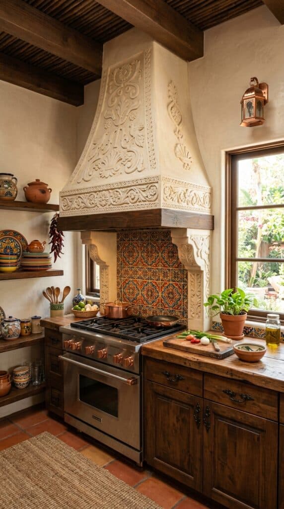 Kitchen with carved plaster hood