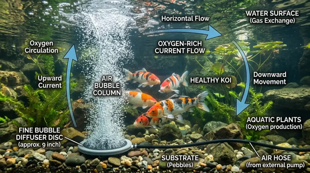 Koi pond aeration system bubbles