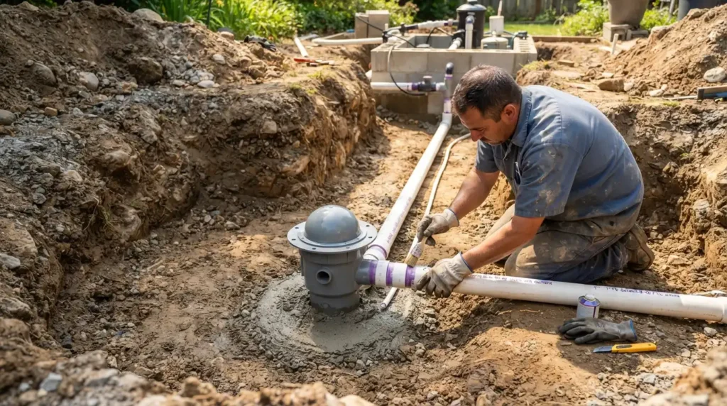 Koi pond bottom drain installation