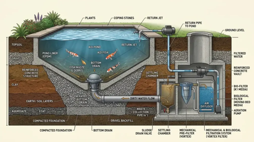 Koi pond drain collecting waste