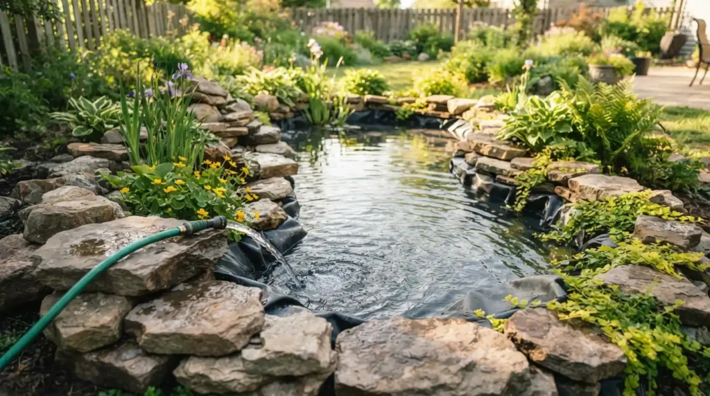 Koi pond filling with water