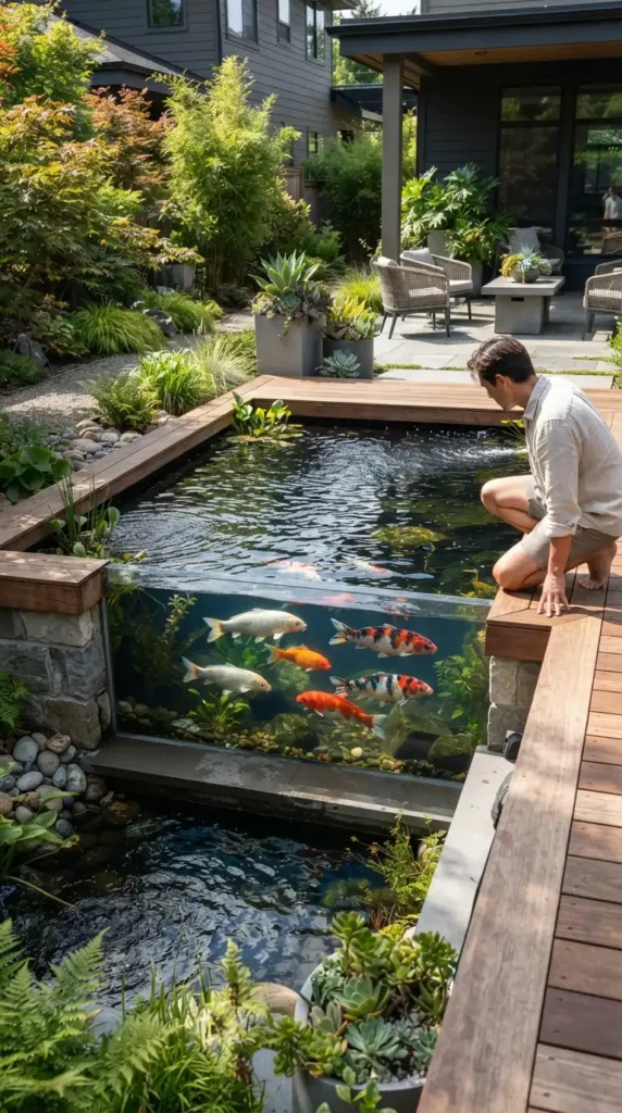 Koi pond glass wall viewing