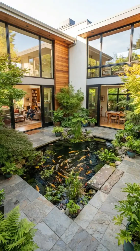 Koi pond in courtyard atrium