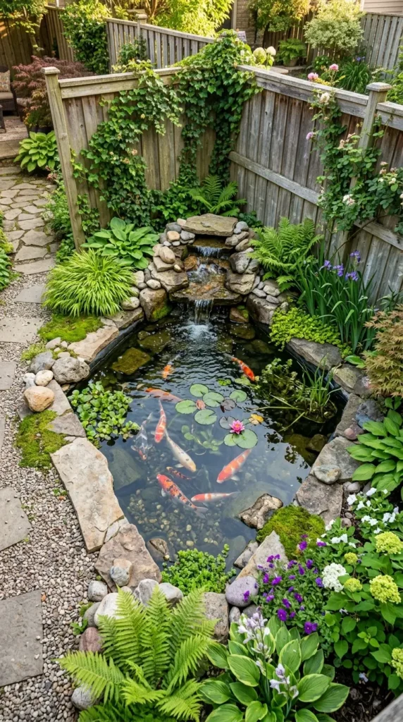 Koi pond in garden corner