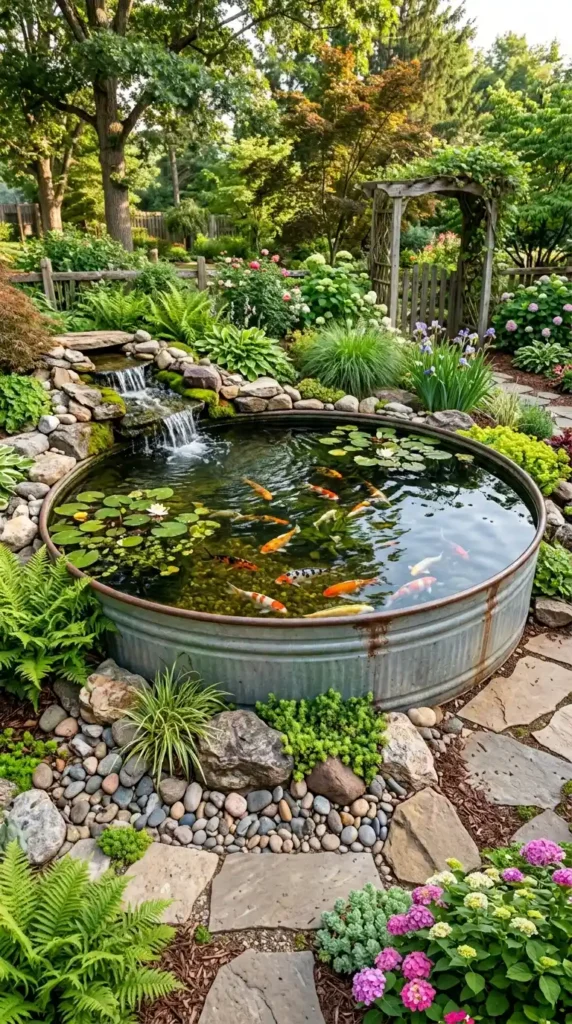 Koi pond stock tank waterfall