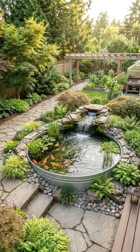 Koi pond stock tank waterfall