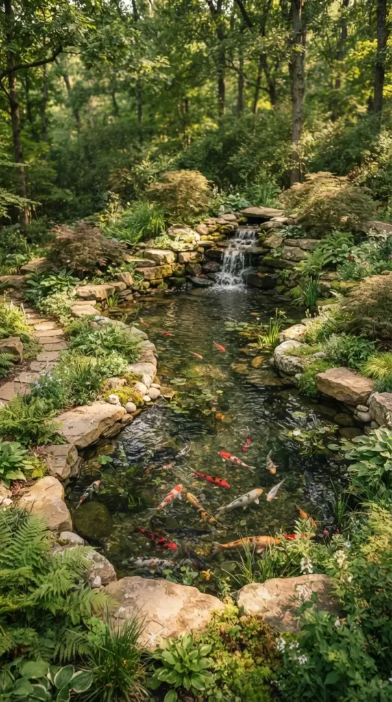 Koi pond with rocks