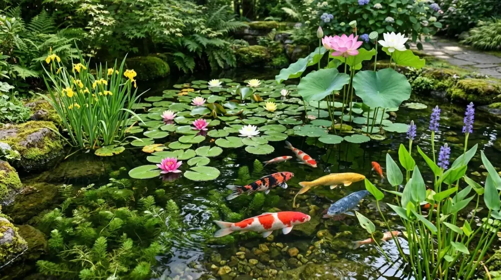 Koi pond with water lilies