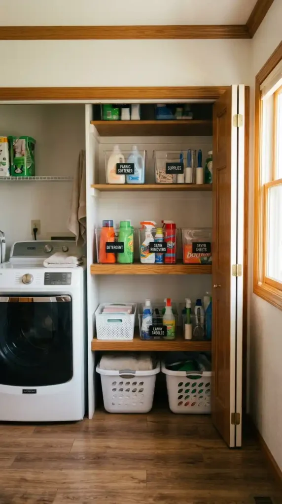 Laundry closet clear bins supplies