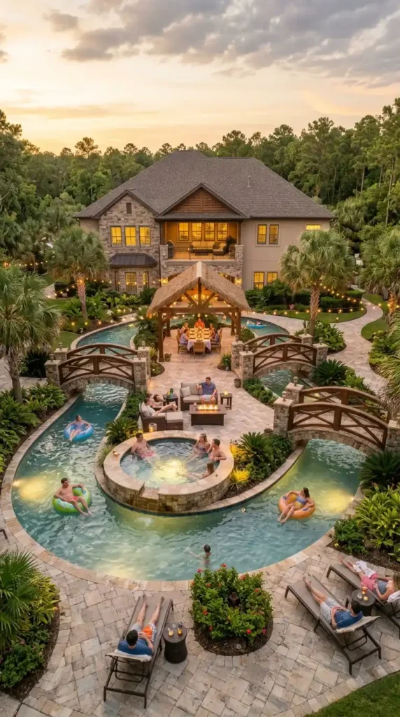 Lazy river pool island spa