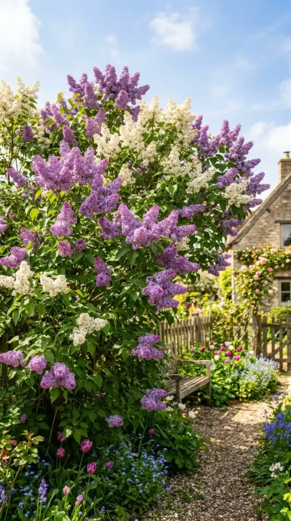 Lilac bush with purple white