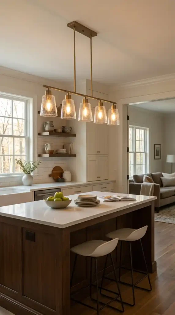 Linear pendant light above island