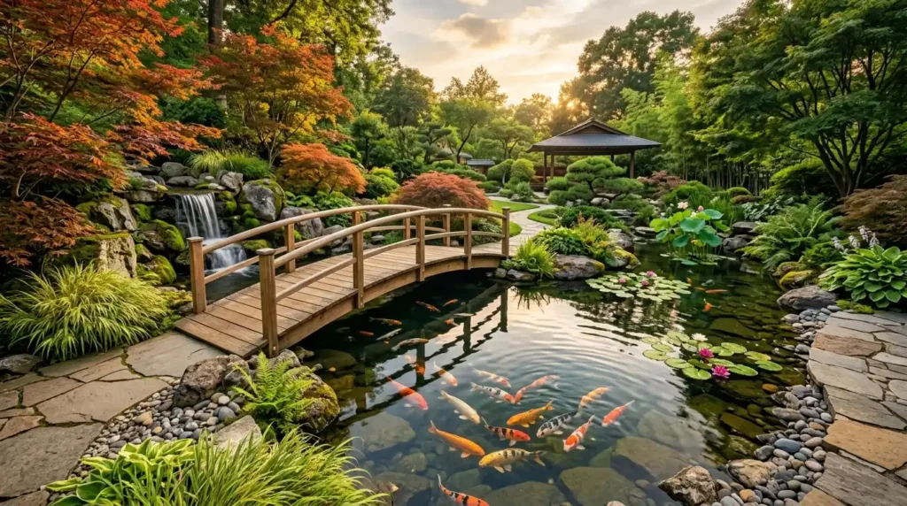 Luxury backyard koi pond with colorful koi fish, waterfall, and Japanese garden landscaping