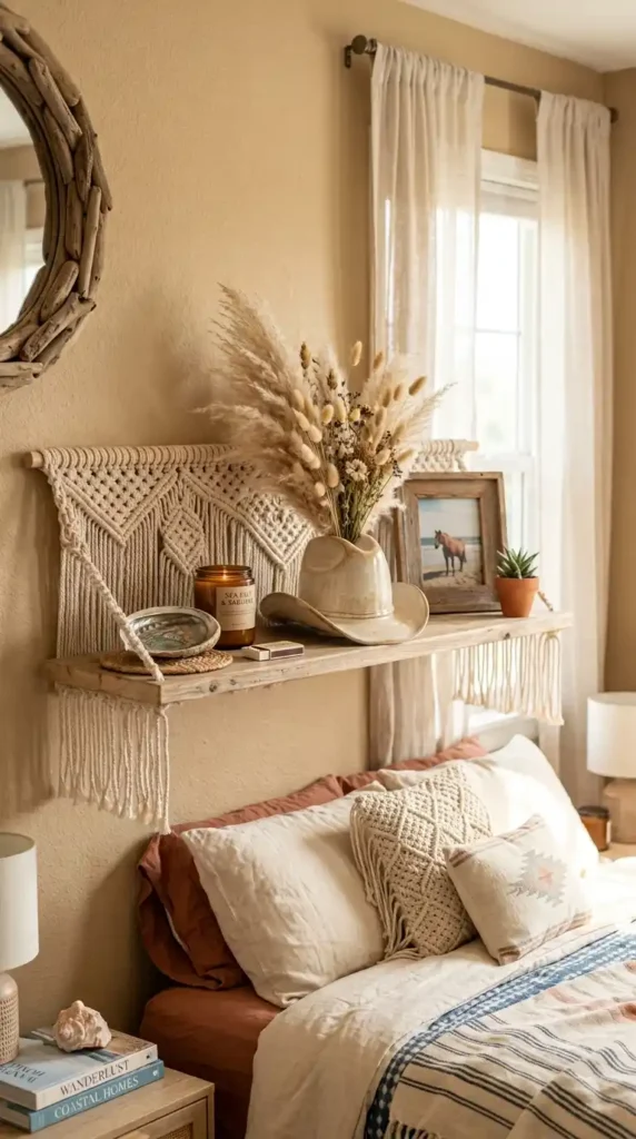 Macrame shelf with cowboy hat