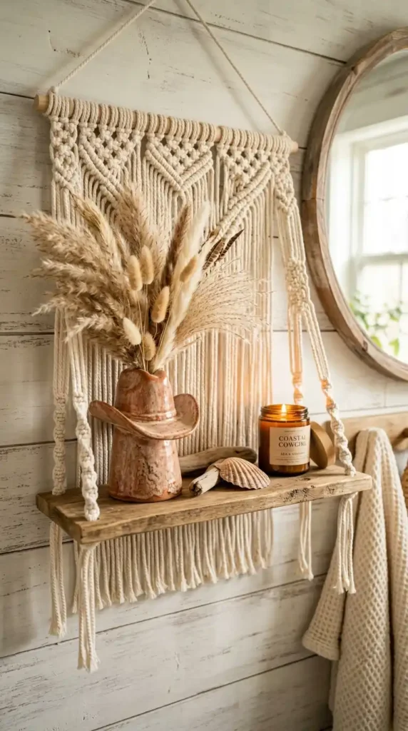 Macrame shelf with cowboy hat