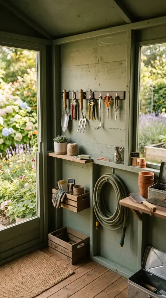 Magnetic strip holding garden tools