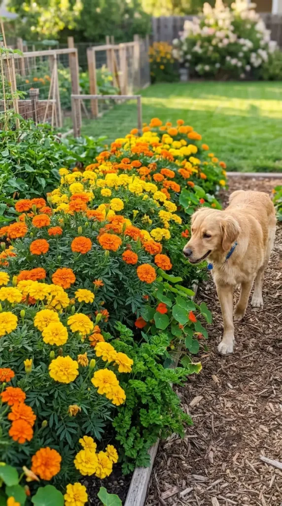 Marigolds garden border dog