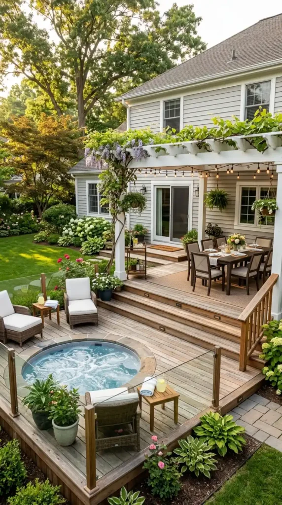 Multi-level deck hot tub