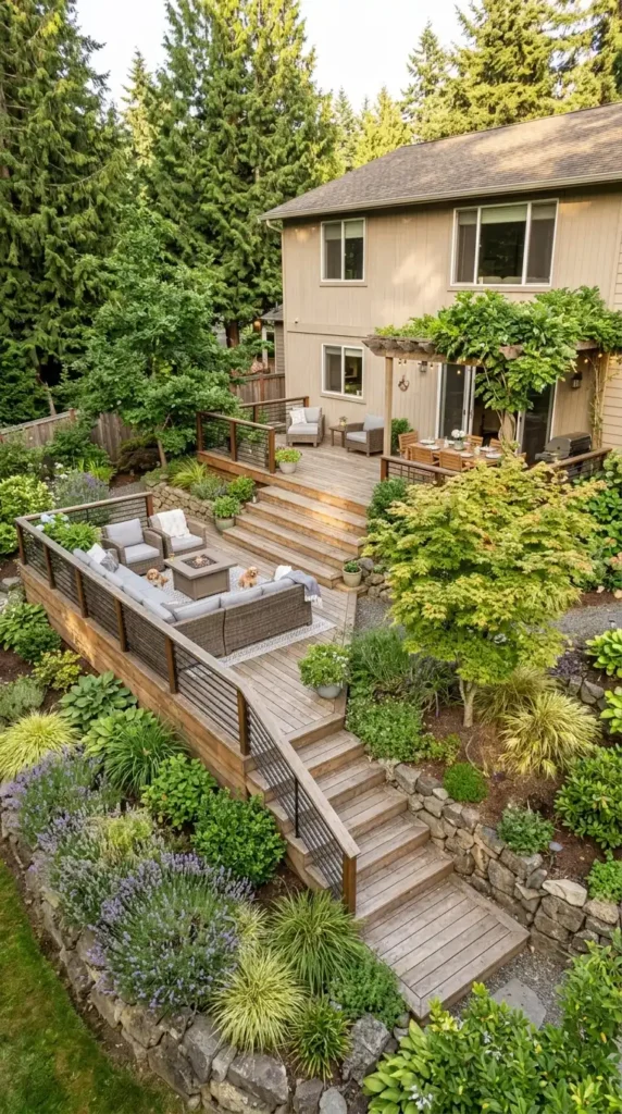 Multi-level deck sloped yard