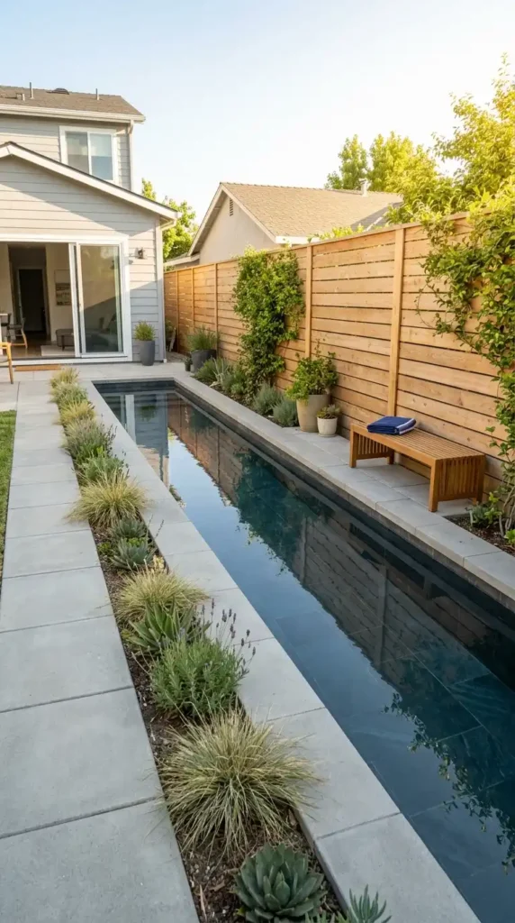 Narrow lap pool along fence