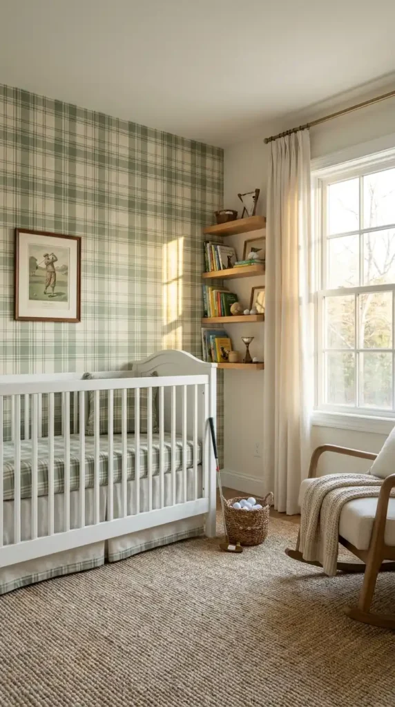 Nursery with sage green plaid