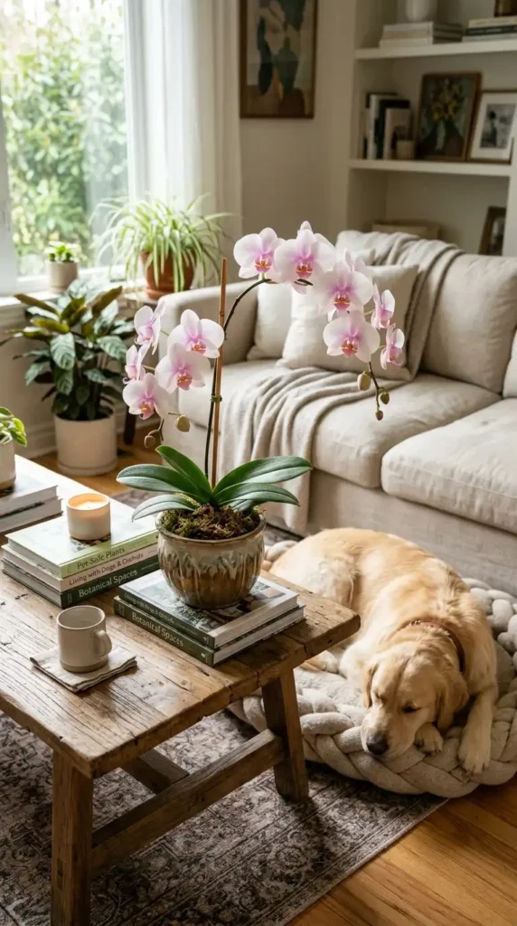Orchid and dog on table