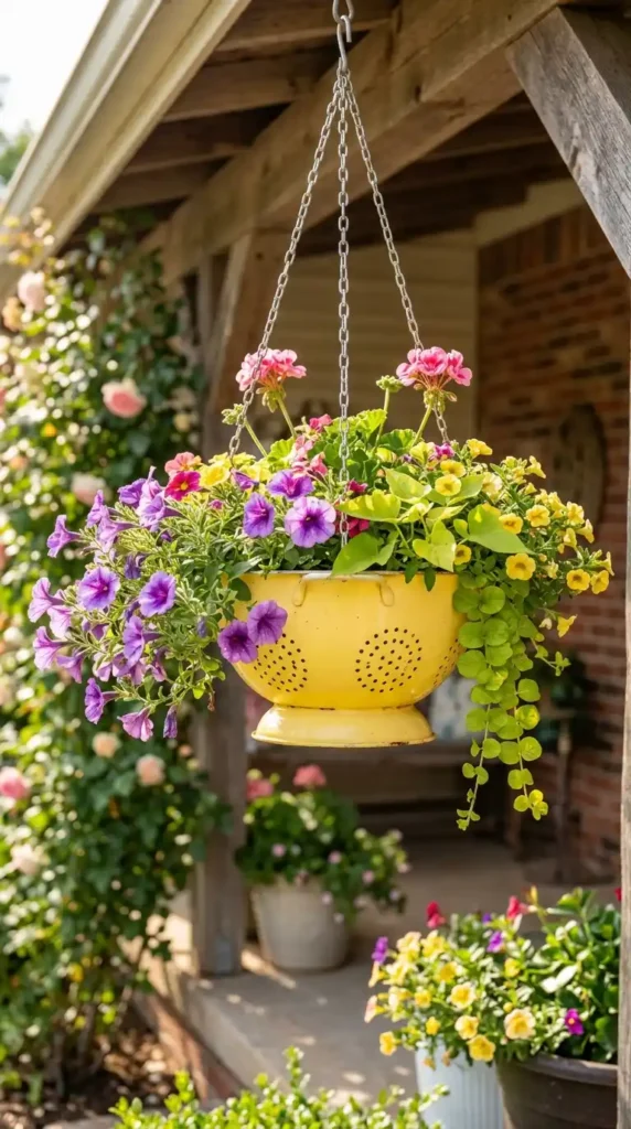 Painted colander hanging planter