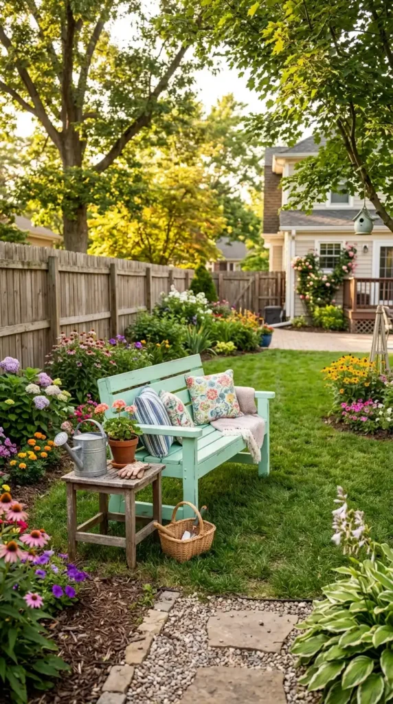 Painted garden bench in backyard