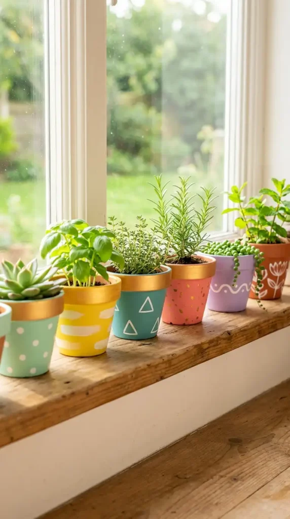 Painted pots on windowsill