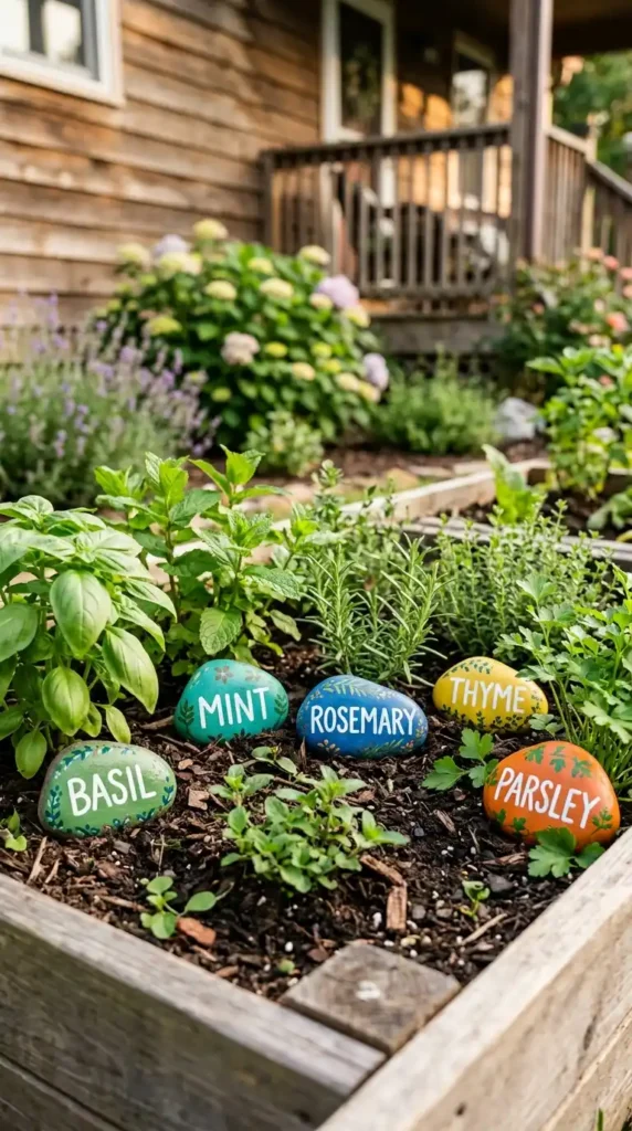Painted rocks as garden markers