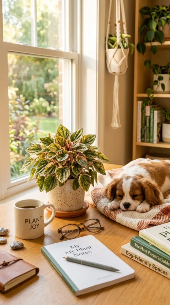Peperomia plant and dog