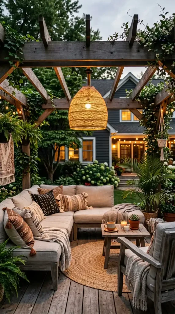 Pergola with rattan pendant light