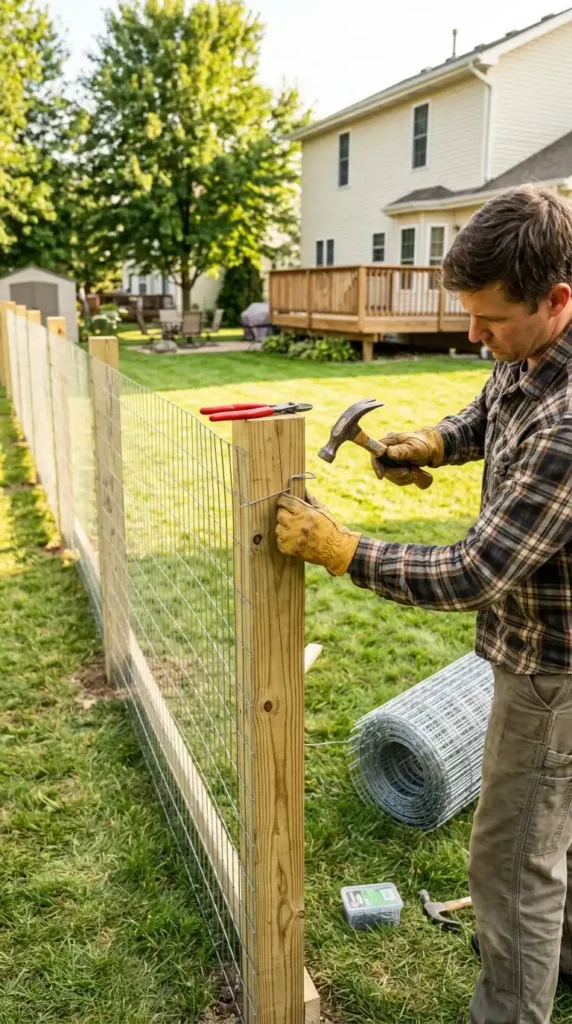 Person attaching fence posts
