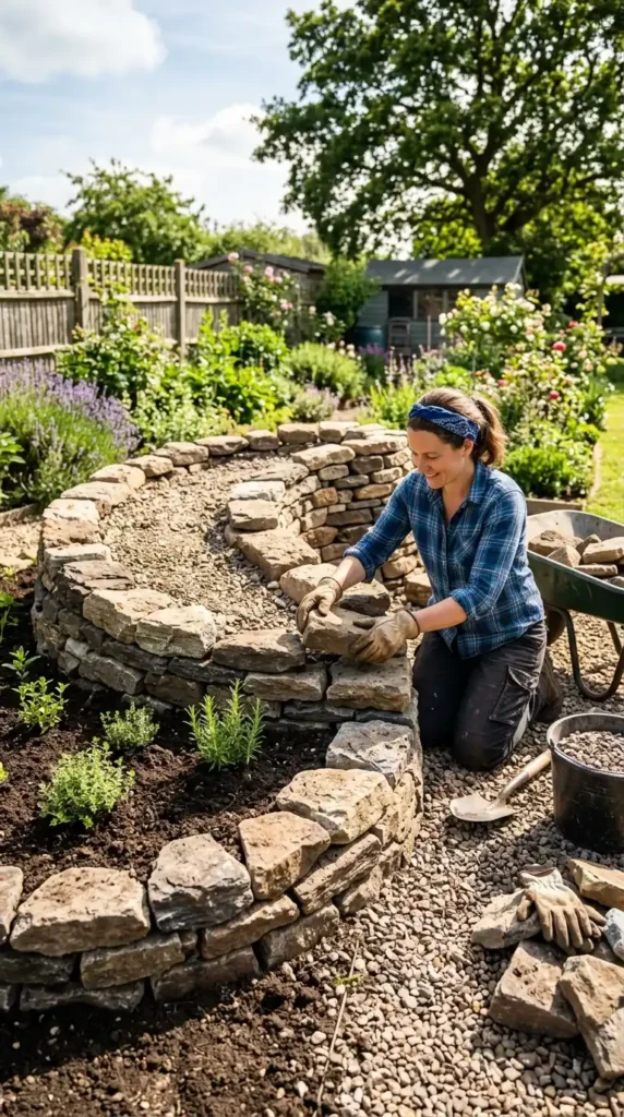 Person building stone herb spiral