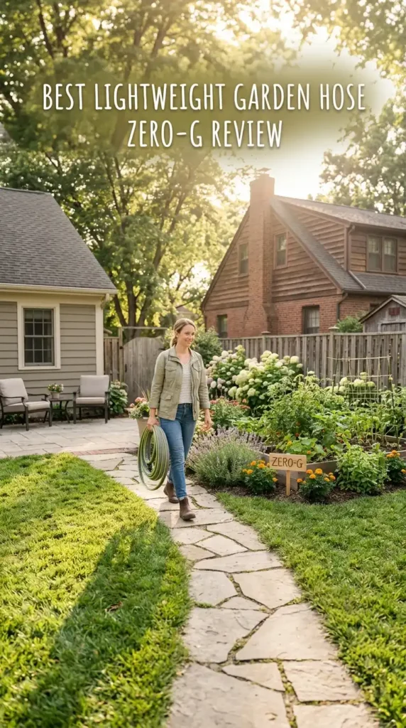 Person carrying garden hose