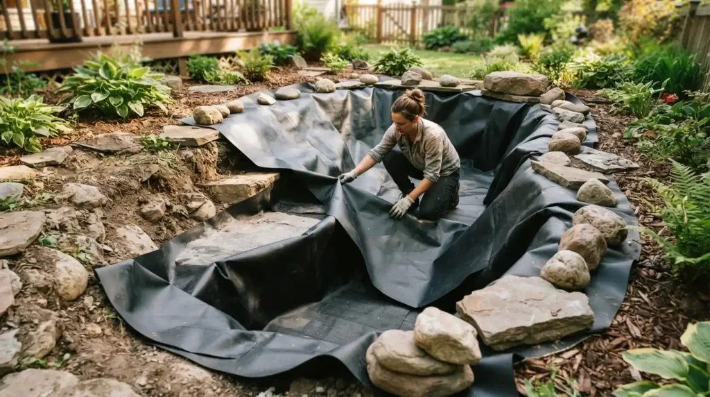 Person laying pond liner