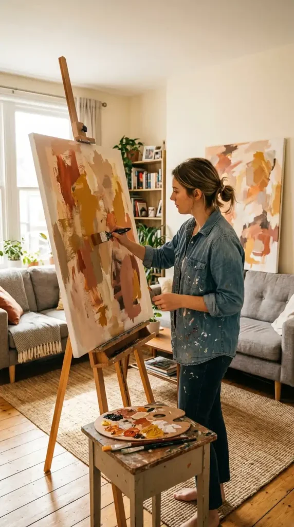 Person painting abstract canvas