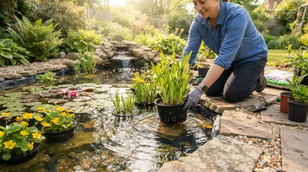 Person placing plants in pond