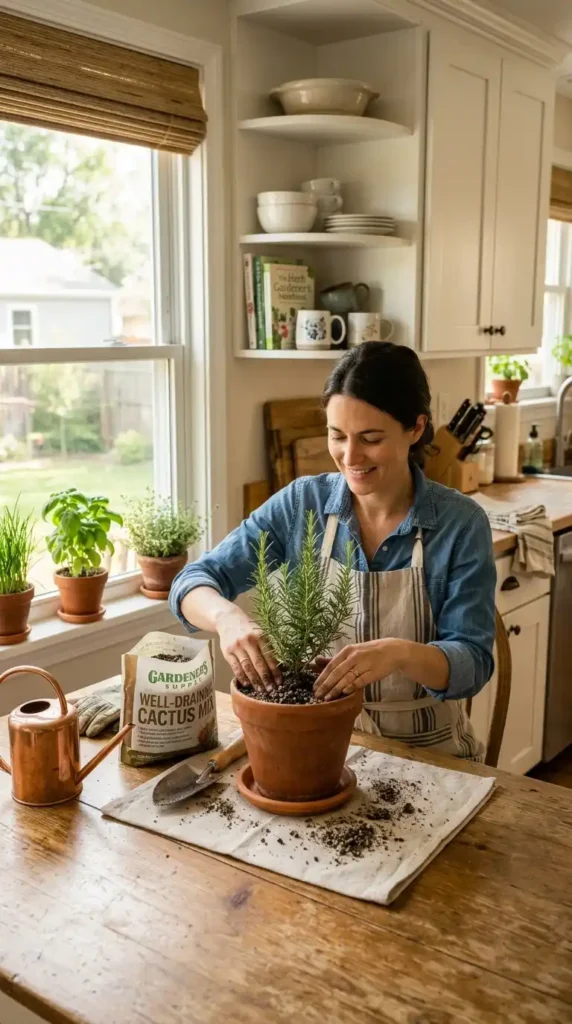 Person potting rosemary plant