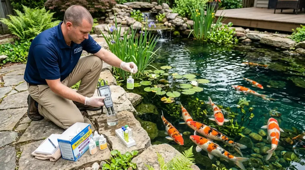 Person testing koi pond water