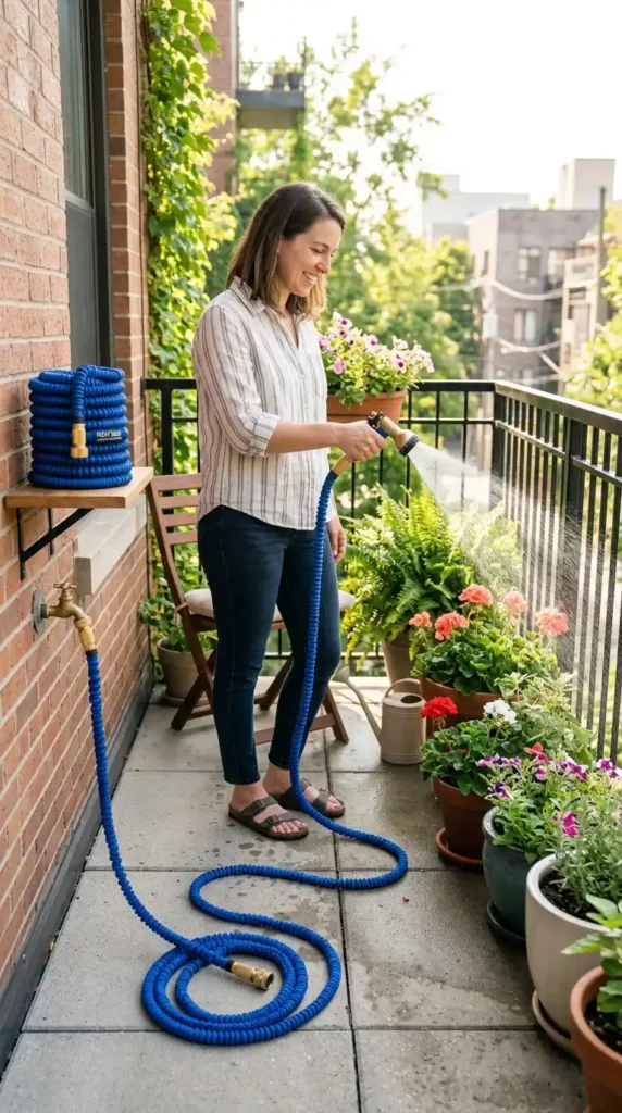Person using expandable garden hose