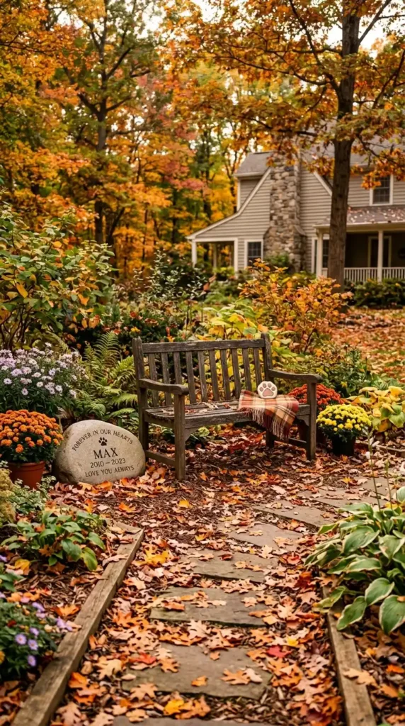 Pet memorial garden bench autumn