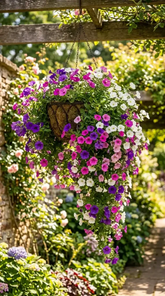 Petunias in hanging basket