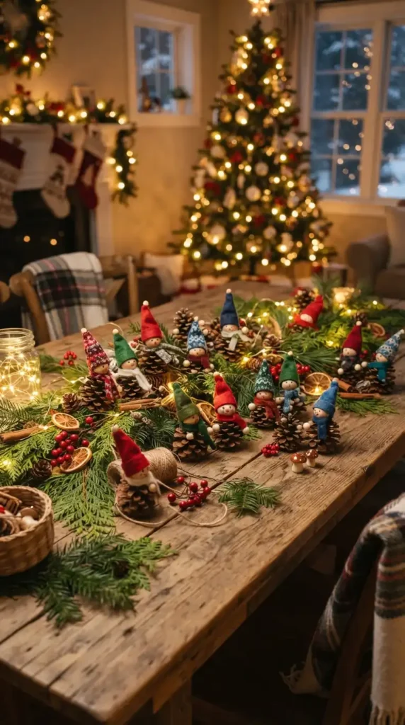 Pinecone elves on wooden table