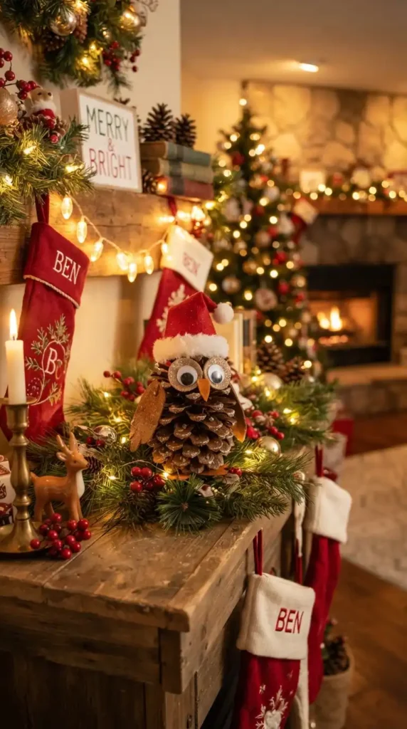 Pinecone owl wearing Santa hat