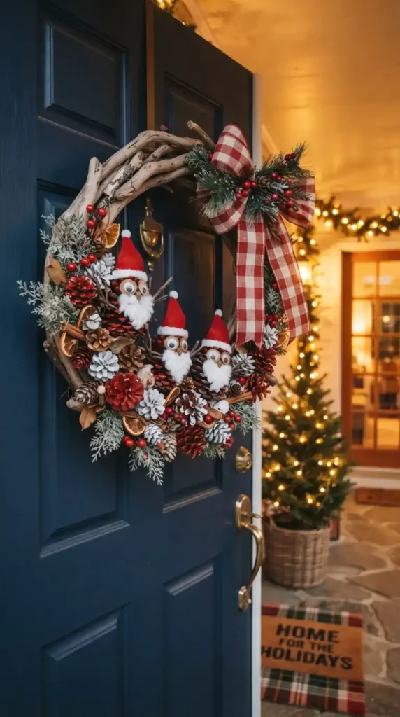 Pinecone owls Santa wreath display