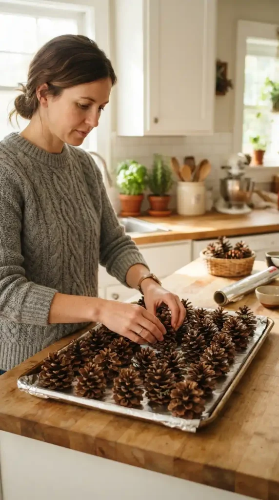 Pinecones on baking sheet