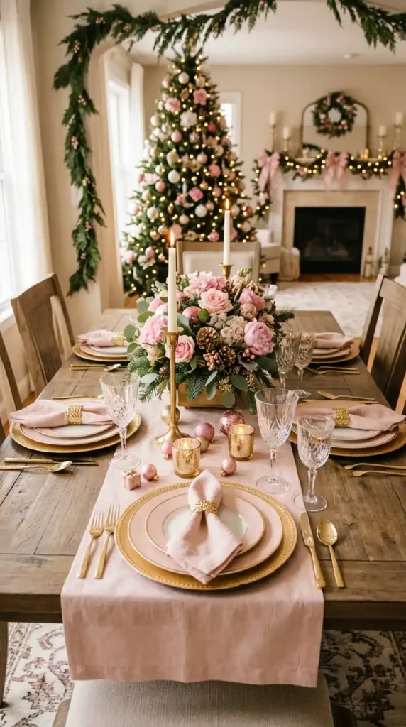 Pink Christmas table setting gold